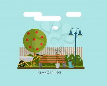 Gardening Flat Background Vector Illustration. Garden Tools, Tree, Fence and Bush on Natural Background. Illustration in Modern Flat Style. EPS10