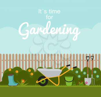 Gardening Flat Background Vector Illustration. Garden Tools, Fence and Bush on Natural Background. Illustration in Modern Flat Style. EPS10