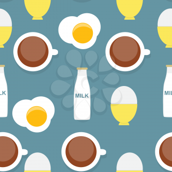 Scrambled Egg, Soft-Boiled Egg, Milk, Coffee Seamless Pattern Breakfast Background Vector Illustration EPS10
