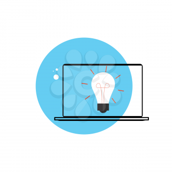 Line Icon with Flat Graphics Element of  Idea Bulb and Laptop Computer Vector Illustration