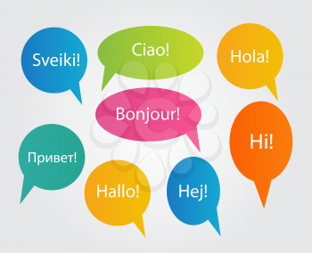 Set of Speech Bubble with Hello Word on Different Languages (Danish, Spanish, Russian, English, German, Italian, Lithuanian, French) Vector Illustration EPS10