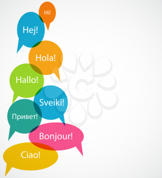Set of Speech Bubble with Hello Word on Different Languages (Danish, Spanish, Russian, English, German, Italian, Lithuanian, French) Vector Illustration EPS10