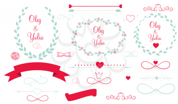 Set of Wedding Graphic Elements with Arrows, Hearts, Laurel,  Ribbons and Labels Vector Illistration