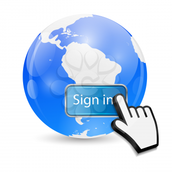 Mouse Hand Cursor on Sign In Button and Globe Vector Illustration