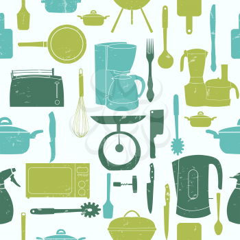 Grunge Retro vector illustration seamless pattern of kitchen tools for cooking