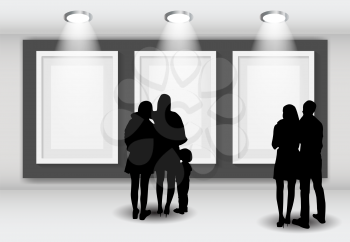 Peoples Silhouettes Looking on the Empty Frame in Art Gallery for Images and Advertisement. Vector Illustration