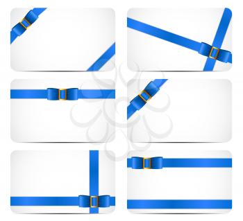 Gift Card Set with Blue Ribbon and Bow. Vector illustration EPS10