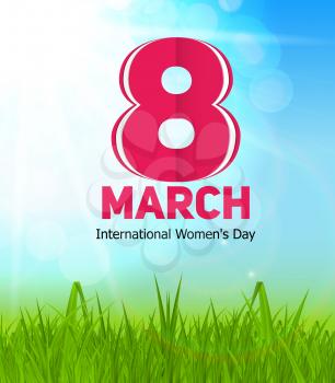 Women Day Greeting Card 8 March with Spring Sun, Green Grass and Text Vector Illustration EPS10