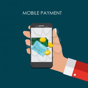 Hand with Abstract Phone and Mobile Payment Concept. Template in Modern Flat Style Vector Illustration EPS10