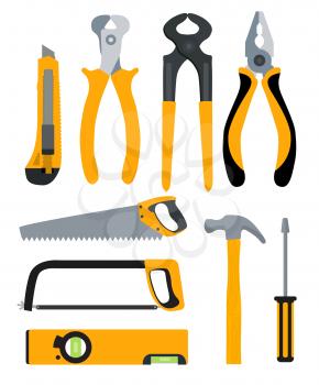 Set of Isolated Icons Building Tools for Repair. Pliers, nippers, saw, knife, hammer, screwdriver and level.  Flat Modern Style. Vector Illustration EPS10