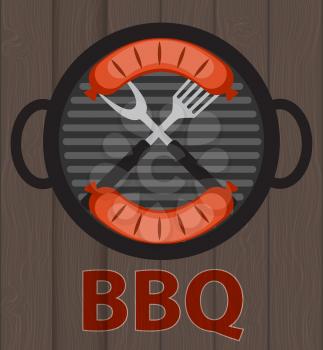 BBQ Icon with Grill Tools and Sausage on Wooden Background. Vector Illustration EPS10