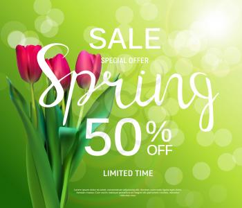 Floral Abstract Design Spring Sale Banner Template with Tulips Vector Illustration EPS10
