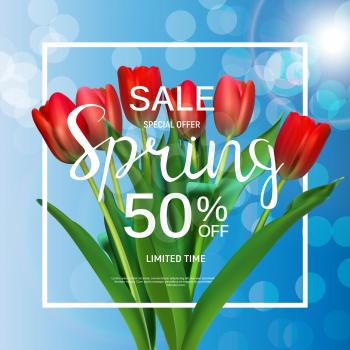 Floral Abstract Design Spring Sale Banner Template with Tulips Vector Illustration EPS10

