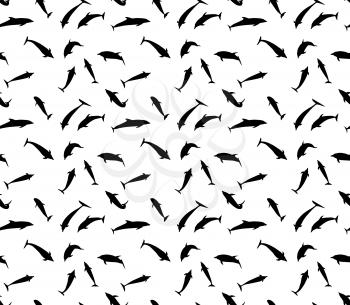 Seamless pattern of black dolphins in different variants jump, fly, swim, dive . Vector Illustration. EPS10