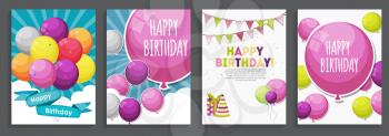 Happy Birthday, Holiday  Greeting and Invitation Card Template Set with Balloons and Flags. Vector Illustration EPS10