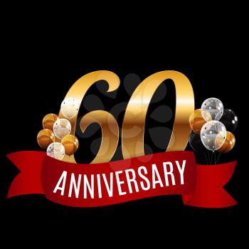 Golden 60 Years Anniversary Template with Red Ribbon Vector Illustration EPS10
