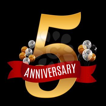 Golden 5 Years Anniversary Template with Red Ribbon Vector Illustration EPS10
