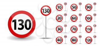 Round Red Road Sign Speed limit 10-130 kilometers per hour. Vector Illustration. EPS10