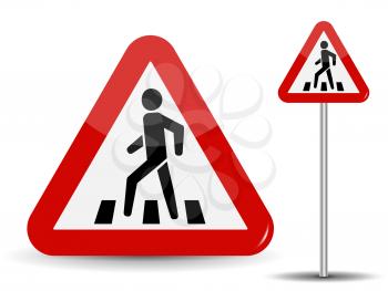 Road sign Warning. In Red Triangle man at pedestrian crossing. Vector Illustration. EPS10