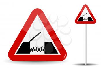 Road sign Warning Drawbridge. In Red Triangle are schematically depicted coast, water and bridge. Vector Illustration. EPS10