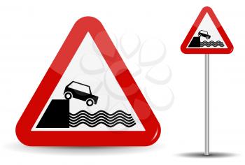 Road sign Warning Departure to embankment. In Red Triangle, the coast, water and car are schematically depicted. Vector Illustration. EPS10