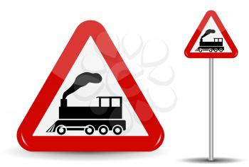 Road sign Warning Railway crossing without barrier. In Red Triangle is a schematic depiction of a steam locomotive in motion with smoke. Vector Illustration. EPS10