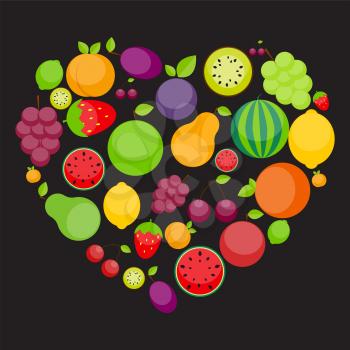 Apple, Orange, Plum, Cherry, Lemon, Lime, Watermelon, Strawberries, Kiwi, Peaches, Grapes and Pear in Foarm of Heart. Love Fruits Concept. Vector Illustration. EPS10