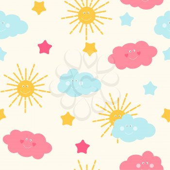 Children s Seamless Pattern Background with Sun, Cloud and Stars Vector Illustration EPS10