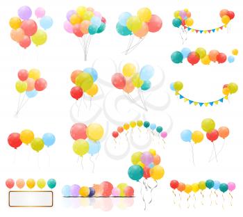 Group of Colour Glossy Helium Balloons Isolated on Transperent  Background. Set of  Balloons and Flags for Birthday, Anniversary, Celebration  Party Decorations. Vector Illustration EPS10