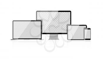 Realistic Computer Laptop, Mobile Phone, Tablet PC with Abstract Transperent Wallpaper on Screen Isolated on White Background. Vector Illustration EPS10