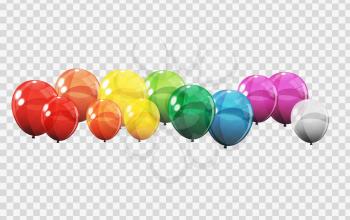 Group of Colour Glossy Helium Balloons Isolated on Transperent  Background. Set of  Balloons for Birthday, Anniversary, Celebration  Party Decorations. Vector Illustration EPS10