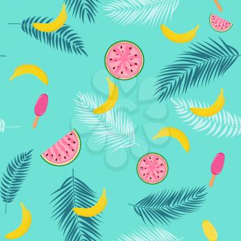 Beautifil Summer Seamless Pattern Background with Palm Tree Leaf Silhouette, Watermelon, Banana and Ice Cream. Vector Illustration EPS10