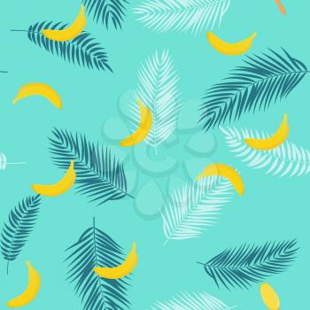 Beautifil Summer Seamless Pattern Background with Palm Tree Leaf Silhouette, Banana and Ice Cream. Vector Illustration EPS10
