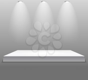 Exhibition Concept, White Empty Shelf  Stand with Illumination on Gray Background. Template for Your Content. 3d Vector Illustration EPS10