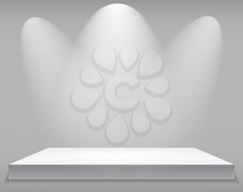 Exhibition Concept, White Empty Shelf  Stand with Illumination on Gray Background. Template for Your Content. 3d Vector Illustration EPS10
