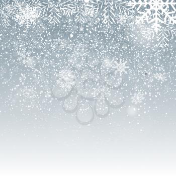 Falling Shining Snowflakes and Snow on Blue Background. Christmas, Winter and New Year Background. Realistic Vector illustration for Your Design EPS10