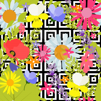 Summer Abstract Seamless Pattern Background with Palm Leaves and Flowers. Vector Illustration EPS10