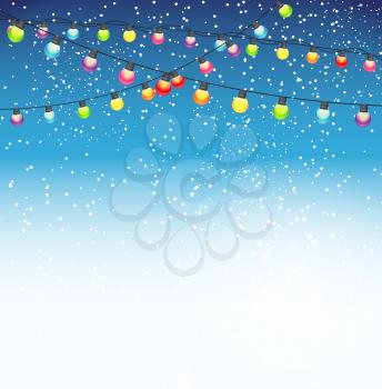 Abstract Beauty Christmas and New Year Background with Garland Bulb Lights and Falling Snow. Vector Illustration. EPS10