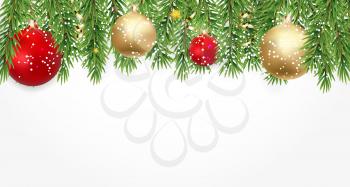 Fir Branches with Snow and Balls. Merry Christmas and New Year Winter Background. Vector Illustration EPS10