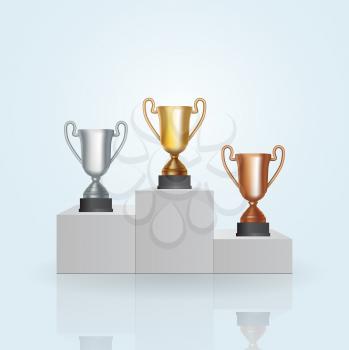 Pedestal with the cup winner of the first Gold , the second Silver and the third Bronze place on white background. Vector Illustration. EPS10