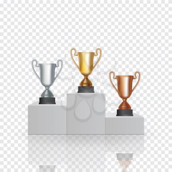 Pedestal with the cup winner of the first Gold , the second Silver and the third Bronze place on transparent background. Vector Illustration. EPS10