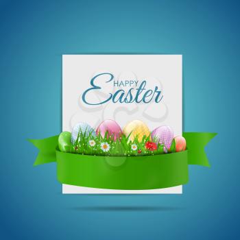 Happy Easter Natural Background with Eggs, grass, flower and white blank for sample text. Vector Illustration EPS10