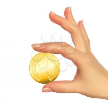 Realistic 3D Silhouette of hand with gold coin. Vector Illustration EPS10
