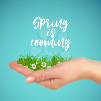 Grass and flowers in hand. Spring is cooming background. Vector Illustration. EPS10