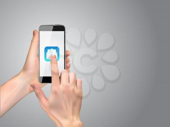 Realistic Hand holding mobile phone with email icon. Vector Illustration EPS10