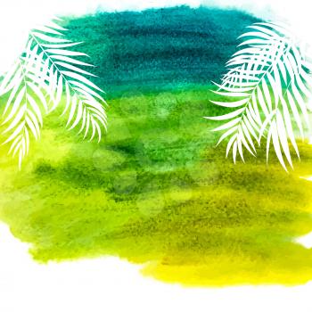 Beautifil Palm Tree Leaf  Silhouette with Aquarelle Watercolor Paint Background Vector Illustration EPS10