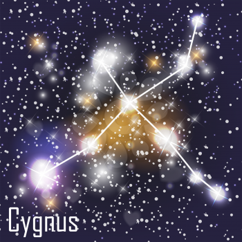 Cygnus Constellation with Beautiful Bright Stars on the Background of Cosmic Sky Vector Illustration. EPS10