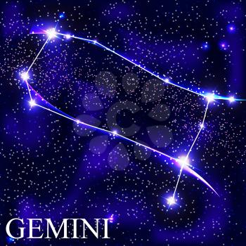 Gemini Zodiac Sign with Beautiful Bright Stars on the Background of Cosmic Sky Vector Illustration EPS10