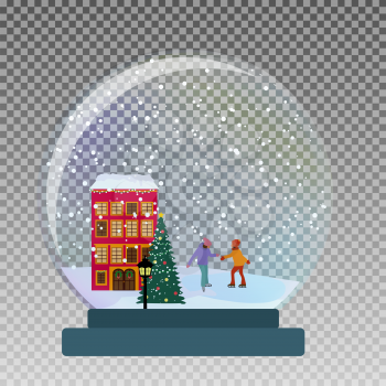 Snow glass globe with children skate  in winter for Christmas and New Year gift.Vector Illustration EPS10