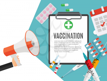 Vaccination concept flat background. Medical awareness flu, polio influenza poster. Vector Illustration EPS10